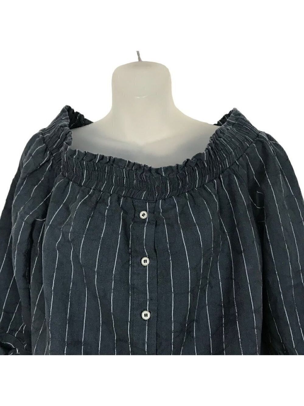 LUCKY Brand Navy Blue With White Stripes Linen Cotton Mix Top Size M - Picture 3 of 8